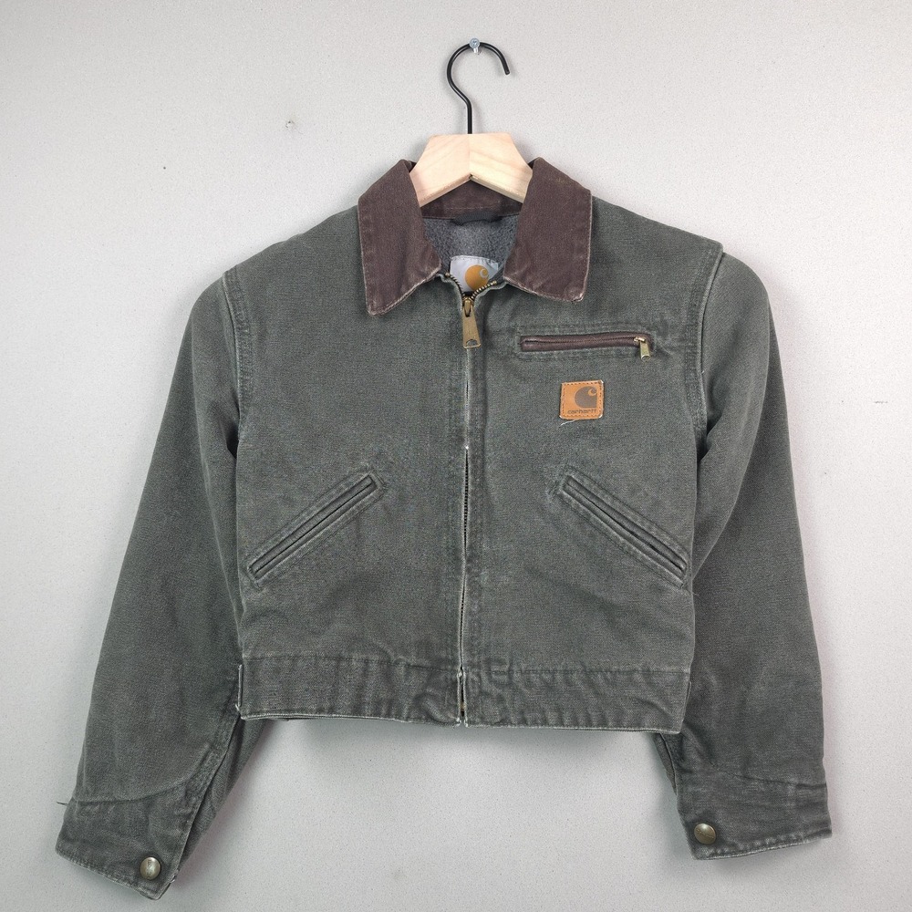 Carhartt Detroit Jacket Kids 6/7 Green Blanket Lined Chore Coat Brown Collar Y2K